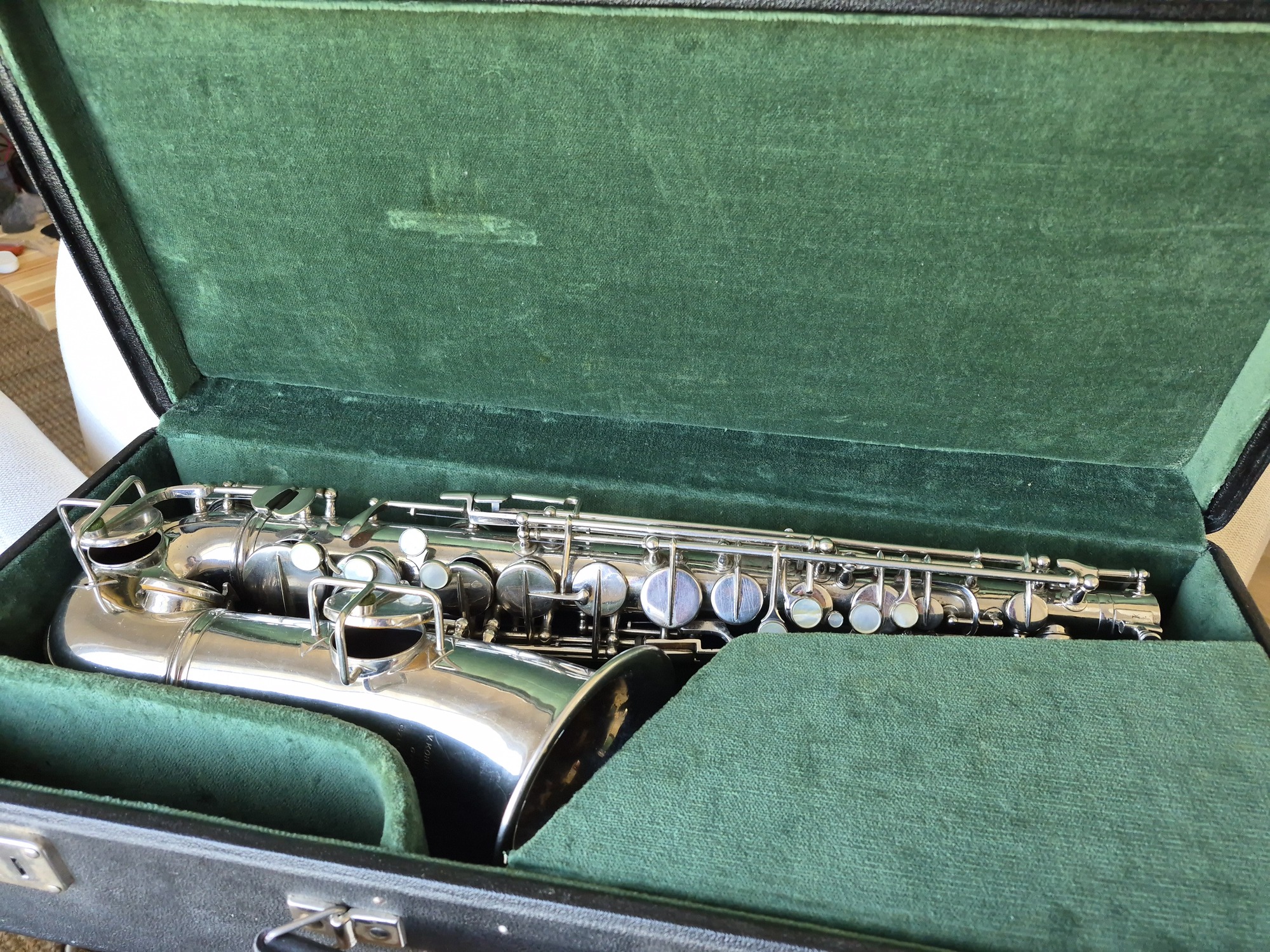 The Kohlert Model 1930 saxophone in its case.